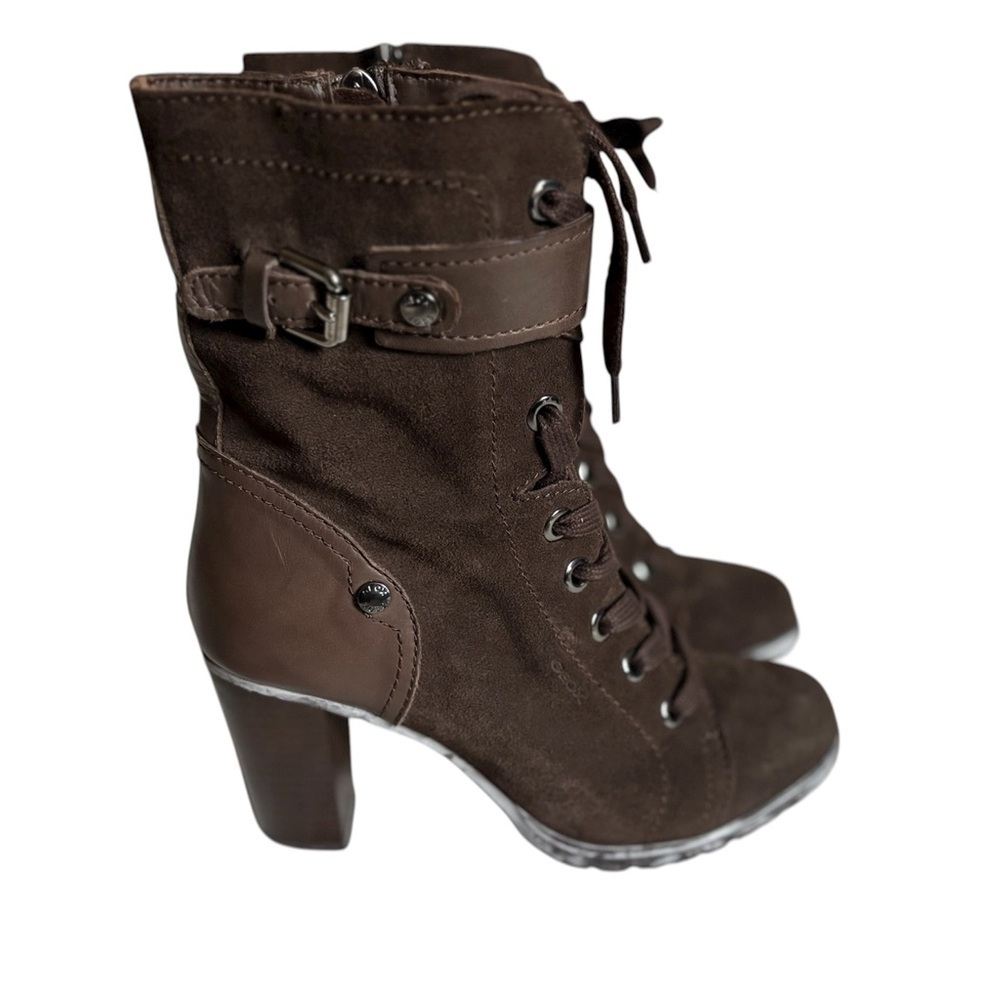 Geox Dark Brown Heeled Boots with Buckle Detail Suede Size 38(7,5)
